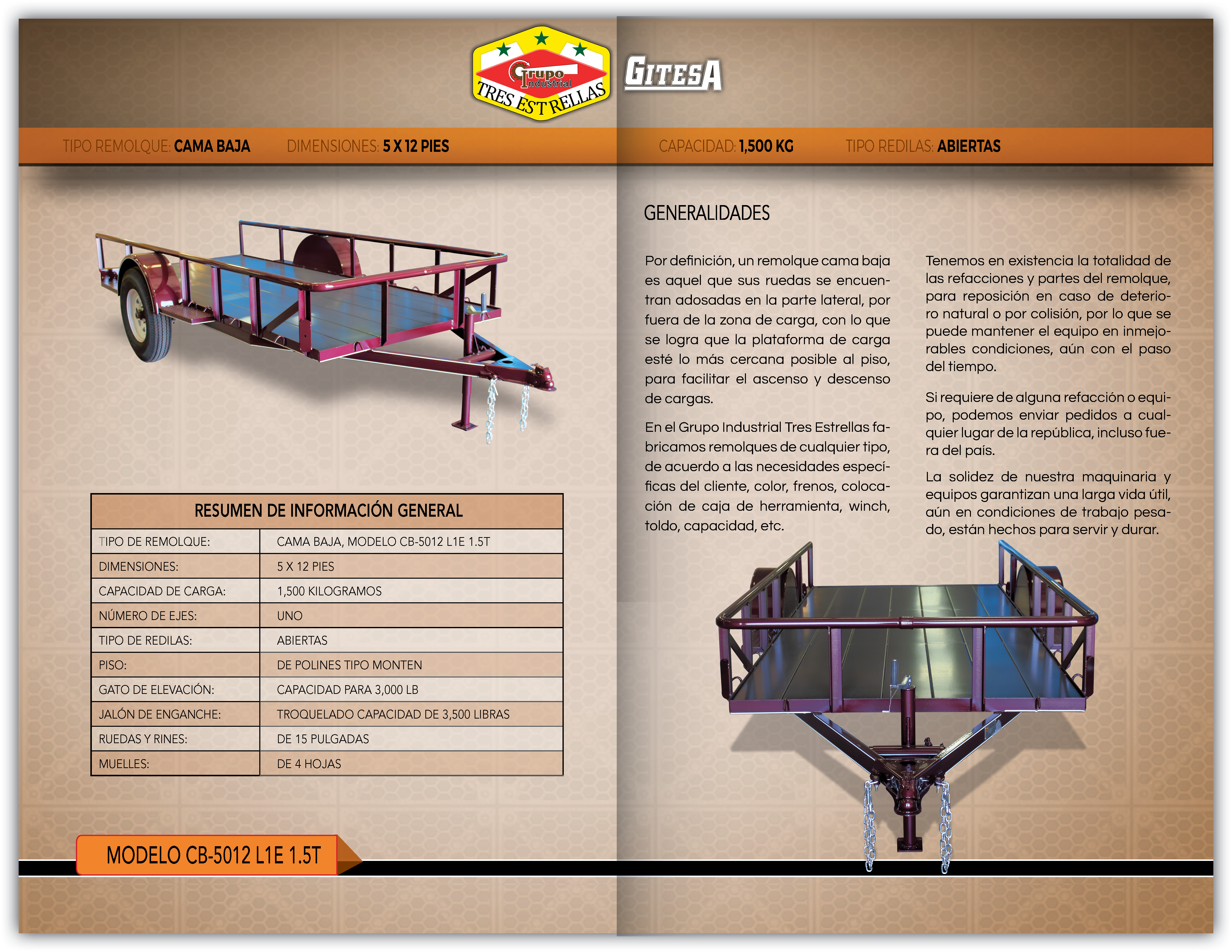 Cama Baja 5 X 12 pies, 1.5 toneladas, Redilas abiertas