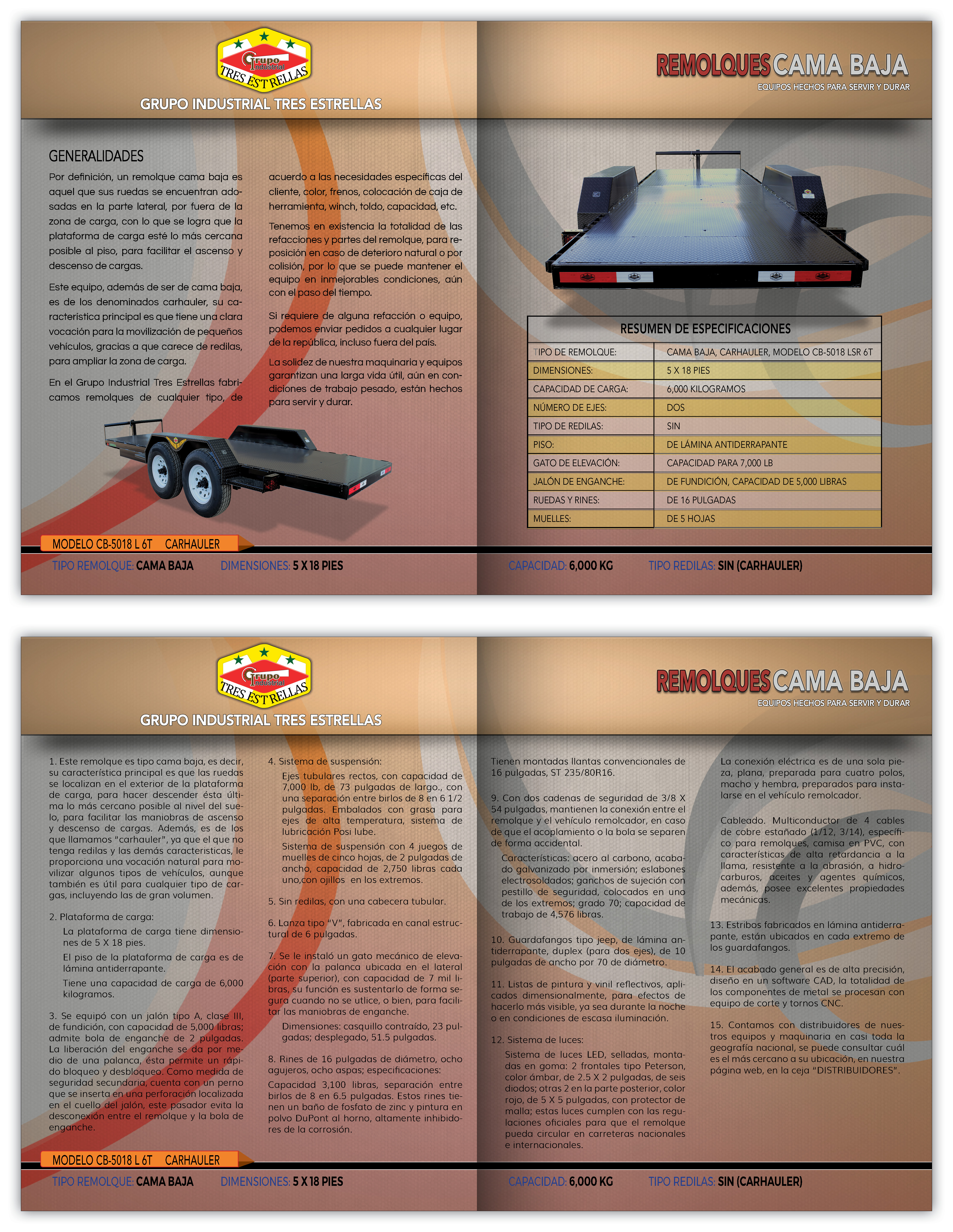 Cama Baja 5 X 18 pies, 6 tons, Sin Redilas, Car Hauler